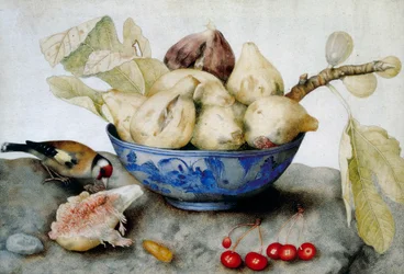 Tasse chinoise avec des figues, des cerises et un chardonneret